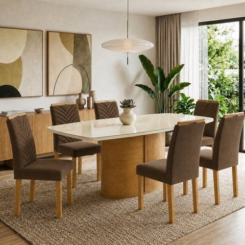 Conjunto de Mesa de Jantar 6 Lugares Diana 180x90cm com Cadeiras Carol Cinamomo e Off White