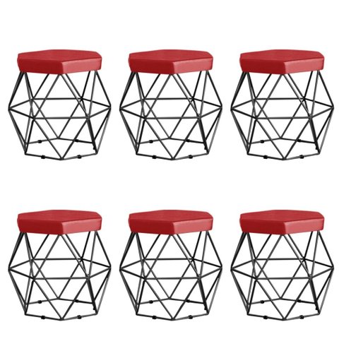 Kit 6 Puffs Vanessa Decorativos Aramado Preto - Assento Vermelho