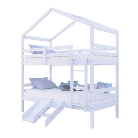 Beliche Solteiro Casinha com Kit Escada/Escorregador Madeira Maciça Branco Megamobilia