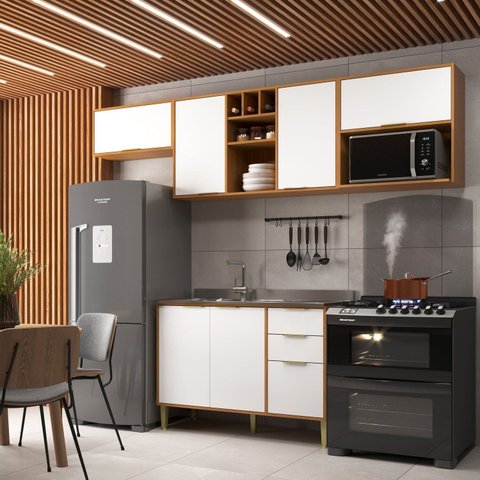 Cozinha Compacta Modulada com 6 Portas e 3 Gavetas Domus Espresso Móveis Branco/Nogal