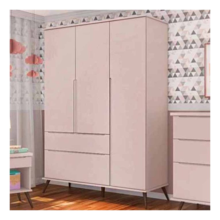 Guarda-Roupa Infantil Melinda Rosê 100% MDF 3 Portas e 2 Gavetas - Phoenix Baby