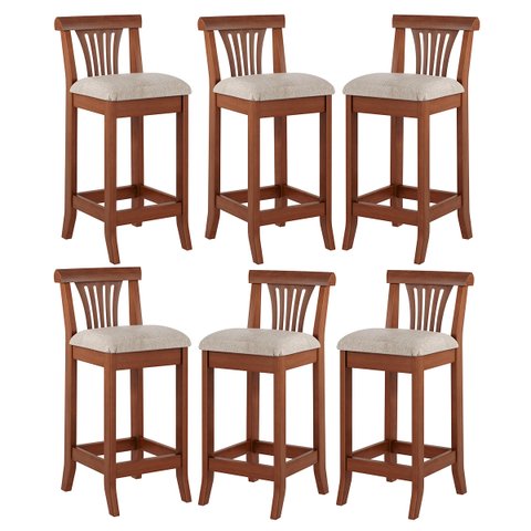 Kit 6 Banquetas Média Estofada Encosto Valentina 36x90Cm Bancada Madeira Maciça Linho Bege M58 - RMI
