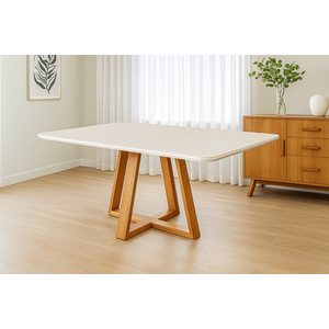 Mesa de Jantar Luxo 160x90 Tampo Mdf/vidro para 6 Lugares Pés Madeira Maciça Pérola - Mel/off White