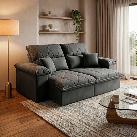 Sofá Retrátil Reclinável Trento 1,50m Suede Velut Cinza Molas no Assento - King House