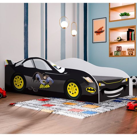 Conjunto Cama Carro Infantil Morcego Preto MDF com Colchão Quarto Menino Personagem Completo