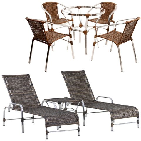 Kit Jogo de 4 Cadeiras e Mesa Floripa em Alumínio com 2 Espreguiçadeiras Roma Regulável e Trama Orig