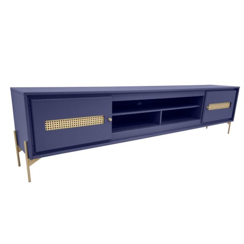 Rack Sala Tv até 75 Polegadas Paraty 220 Cm Laca Pés Metal Palhinha Azul Gloss