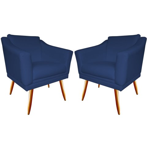 Kit 2 Poltronas Decorativa Agatha Suede Azul Marinho Pés Madeira Mz Decor