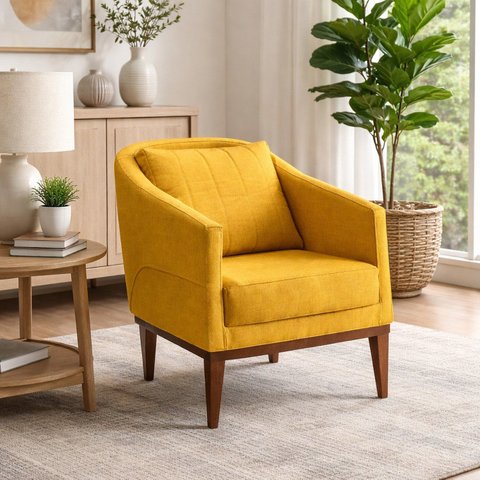 Poltrona Fixa Tecido Linho Pés Imbuia Agatha Amarelo