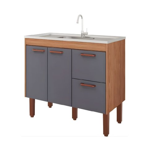 Armário de Cozinha 94cm 100% MDF 2 Gavetas e 2 Portas Balcão:Freijó/Titanium