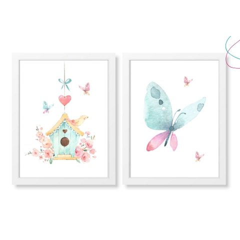 2 Quadros Decoração Borboleta Passarinho Aquarela C/ Moldura:branca