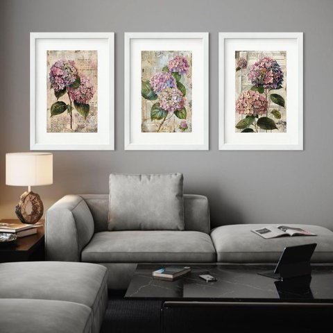 Kit 3 Quadros Grandes Hortências - 60x48cm:moldura Branca