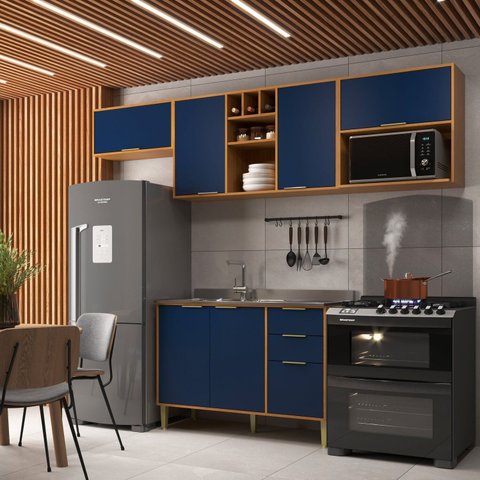 Cozinha Compacta Modulada 6 Portas 3 Gavetas Domus Espresso Móveis Azul/Nogal/Royal