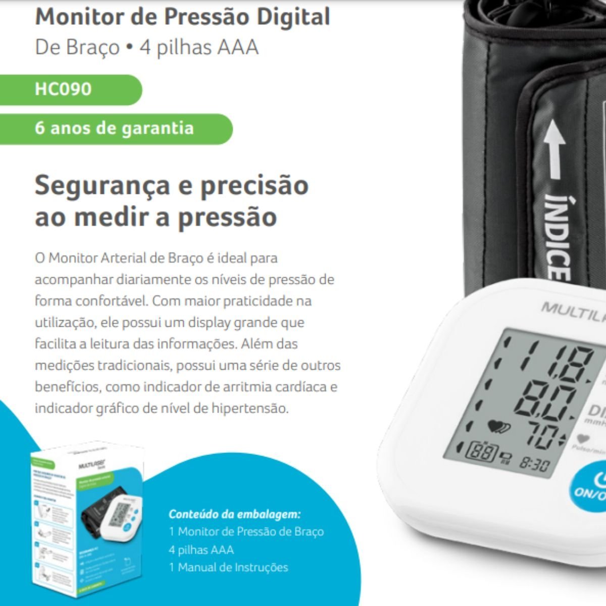 Medidor de Pressão Arterial de Braço Digital Multilaser Inmetro HC090 - 2