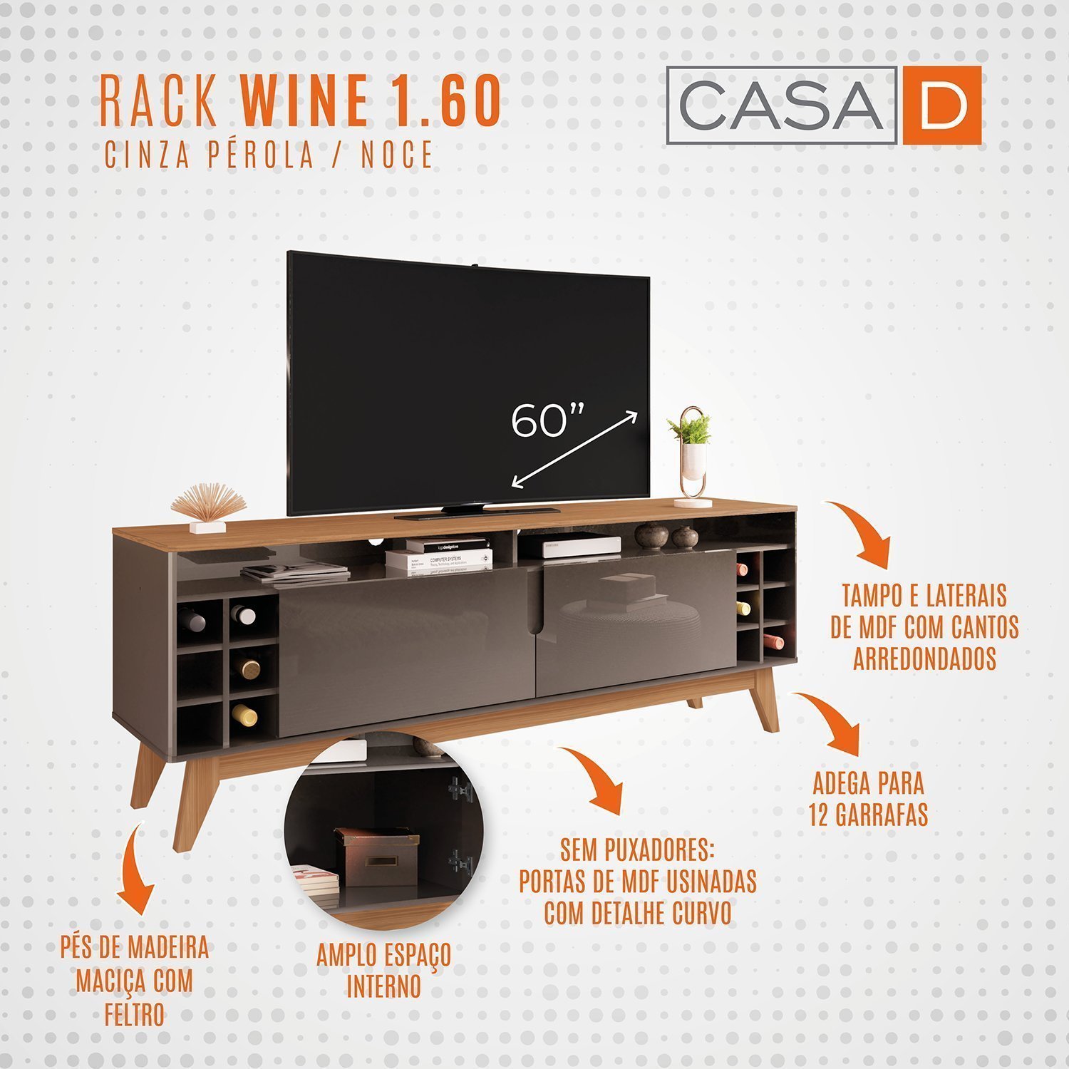 Rack para TV até 60 Polegadas 2 Portas 160cm Wine Versátile  - 10