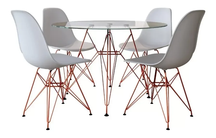 Conjunto De Jantar Eames De Ferro Cobre Tampo Redondo 110cm Vidro 4 Cadeiras Brancas