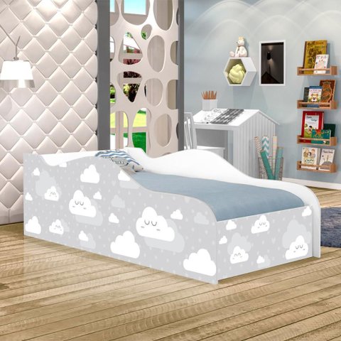 Cama Infantil com Colchão Nuvens Cinza 100% Mdf para Quarto Infantil