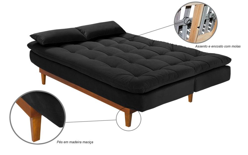 Sofá Cama Dubai Madero Reclinável 3 Lugares Suede Preto 381 Império - 6