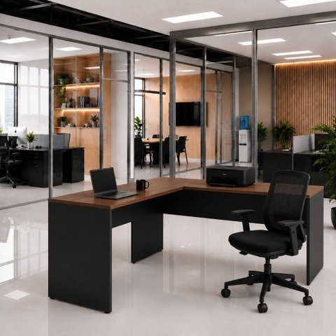 Mesa de Escritório em L 160x60cm + Cadeira de Escritório Ergonômica Reclinável com Apoio Lombar