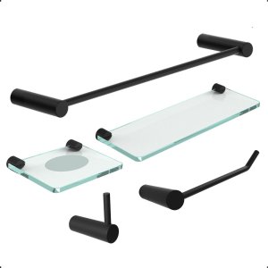 Kit de Acessórios para Banheiro Grego Metal 5 Peças Suporte Prateleira Redondo Preto Fosco Acetinado