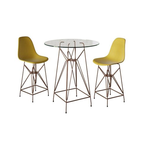 Jogo Mesa Bistrô Eames Vidro 60Cm 2 Banquetas Amarela Base Ferro Cobre - Cor: Branco