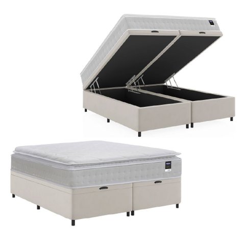 Cama Box Baú Casal King Colchão Gazin com Molas Ensacadas Tower New Branco