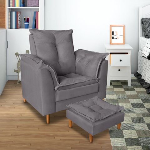 Poltrona Confortável para Amamentação com Puff Fibras Macias Cinza