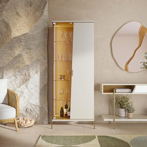 Cristaleira Sena 2 Portas 3 Prateleiras MDP com LED Off White Matte-Freijó Colibri Móveis