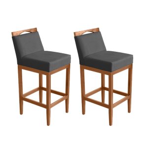 Kit 2 Banquetas Alta Lyara em Madeira Maciça com Encosto Estofada Marinho Móveis Banqueta Lyara Cinz