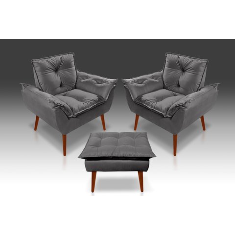 Kit 2 Poltronas Opala + 1 Puff Opala Suede Cinza Escuro- Tucanos Estofados