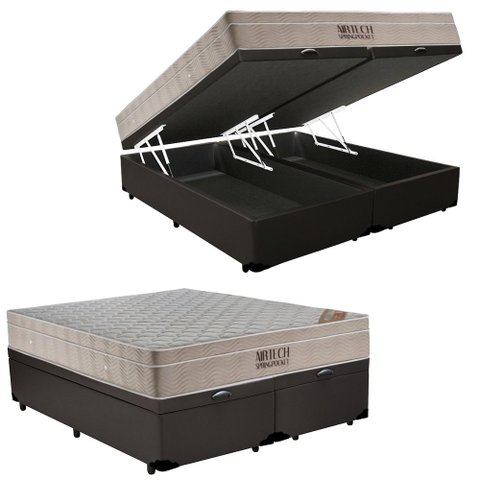 Cama Box Baú Queen Sintético Bipartido+ Colchão Ortobom Airtech Molas 65x158x198 Marrom