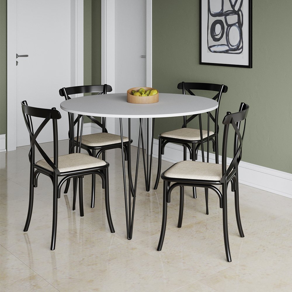 Mesa com 4 Cadeiras Katrina Preta Elen Hairpin 110cm Jantar Branca com Ferro Preto