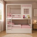 Ver imagem 1 de Treliche Infantil Casinha Reta com Grade Removível Madeira Maciça Branco/ Rosa Megamobilia