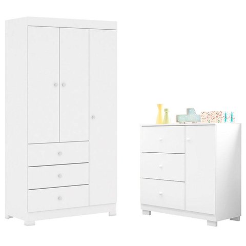 Cômoda Infantil com Guarda Roupa 3 Portas Duda Branco Brilho – Phoenix Baby