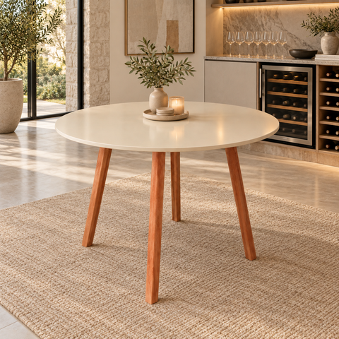 Mesa 4 Lugares Redonda Off White Minimalista Madeira e Vidro
