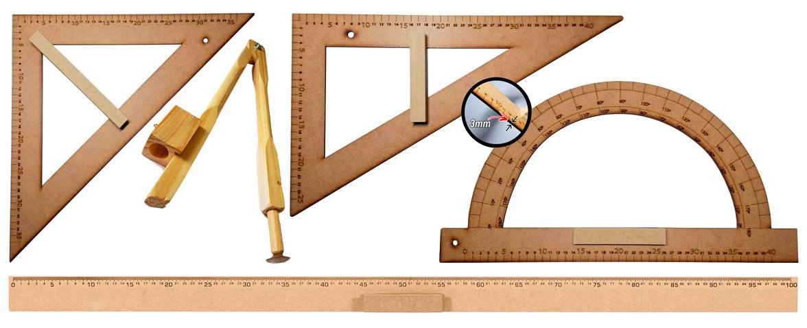 Conj 4 Kit Geométrico do Professor Mdf Com Régua 1 M, 1 Compasso Para Quadro Branco, 1 Esquadro 30/6 - 1