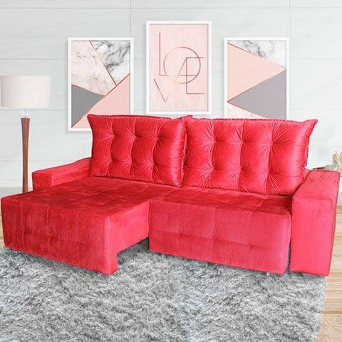 Sofá Euro Retrátil e Reclinável 250cm Veludo Light Vermelho – Ws Estofados