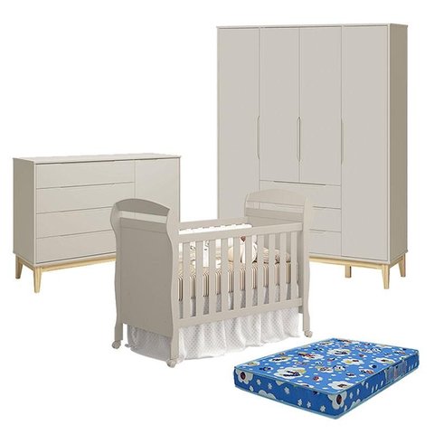 Quarto de Bebê 4 Portas com Cômoda com Porta Elfe Classic e Berço Americano Danny Areia Acetinado na