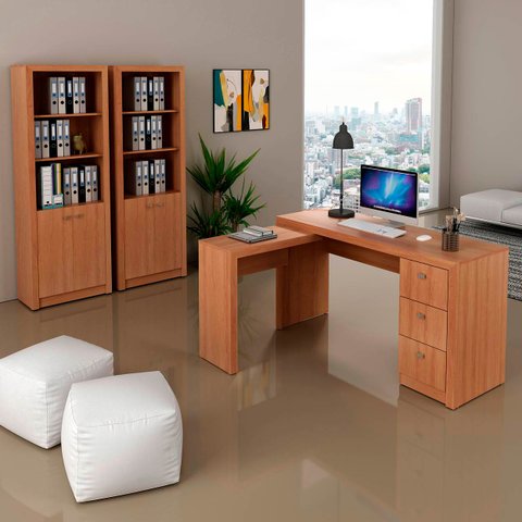 Kit Escritório Com Mesa em L 3 Gavetas e 2 Armários 171 cm Cor: Amêndoa