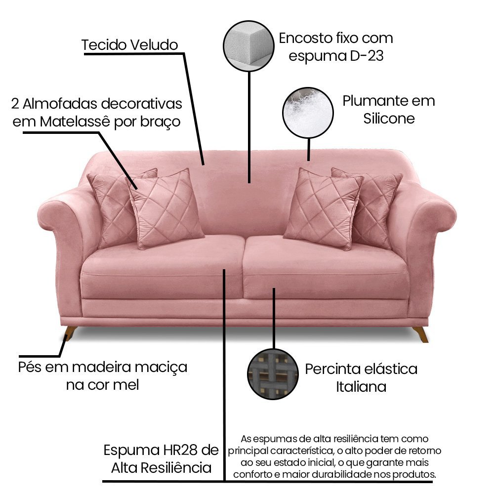 Sofá 3 Lugares 2,00 m Veludo Rosa com pés de Madeira e 2 almofadas Apollo Zahav Estofados - 7