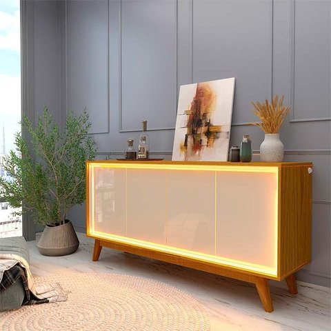 Buffet Aparador Sala Com LED Neon Pés Madeira 160cm Requinte Gelius Naturale/Off White