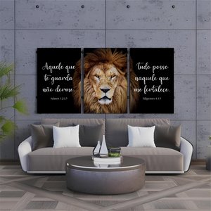Kit 3 Quadro Decorativo Leão de Judá Cristã Gospel Sala 40x28cm
