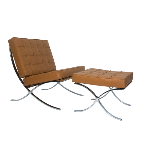 Poltrona com Banqueta Barcelona Base Cromada Couro Ecologico:caramelo