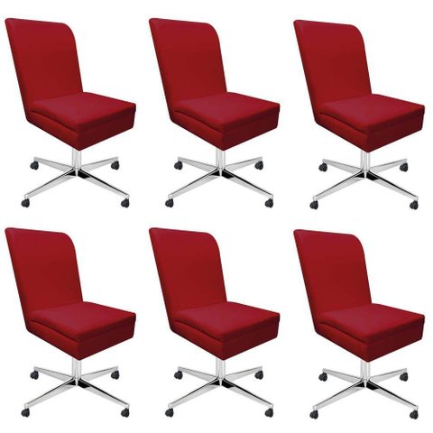 Kit 06 Cadeira Ana Giratória Metal Com Rodízio Suede Vermelho E Sintético Branco