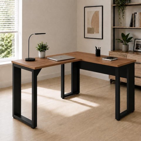 Escrivaninha em L 120 cm X 150 cm Home Office e Escritório Pés Metal F5 Office Cor:Nogal com Preto