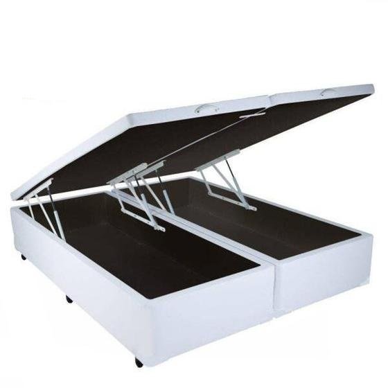 Cama Box King Size Com Baú Pistão A gás Top Sintético Branco Bipartido - 193x203