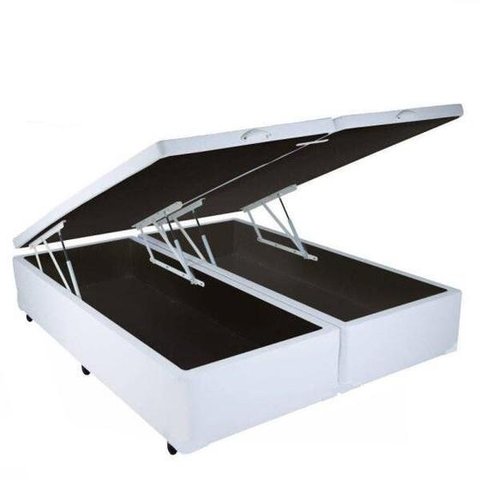 Cama Box King Size Com Baú Pistão A gás Top Sintético Branco Bipartido - 193x203