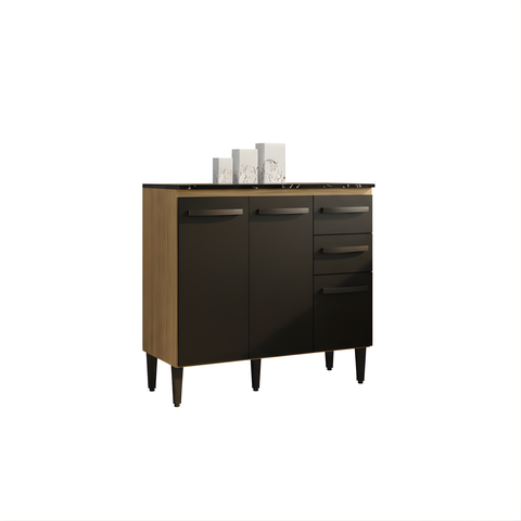 Balcão 3 Portas e 2 Gavetas Cozinha Armário Compacto 90cm Isadora - Damasco/Preto