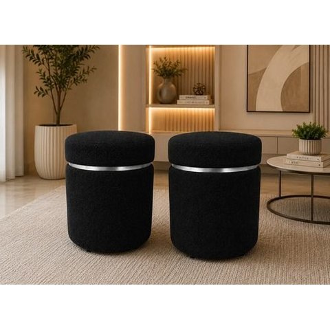 Kit de Puff com Cinta Superior Prata, Cor Preto Boucle - Let Móveis
