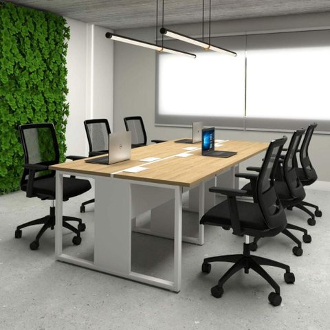 Plataforma de Trabalho 6 Pessoas 360cm X 120cm Pé Metal F5 Cor:macadâmia com Branco
